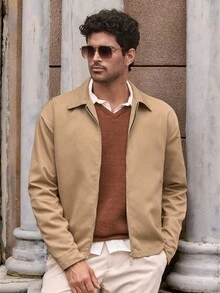 Manfinity BRENVOR 短款休闲简约男士夹克 男士棕褐色夹克 男士浅棕色夹克 男士休闲夏季夹克，老款，秋季，冬季 - 卡其色 - 查看 3