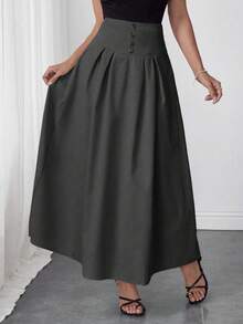 Modelyn Women's Elegent Office High Waist Solid Color Decorative Button Pleated A-Line Skirt,Autumn Grey Dark Green Olive Green Elegant Skirts - Dark Grey - View 3
