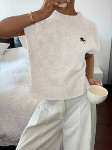 Siren Gaze 女式法式休闲白色短袖针织上衣，小标志刺绣 - 白色 - 查看 3