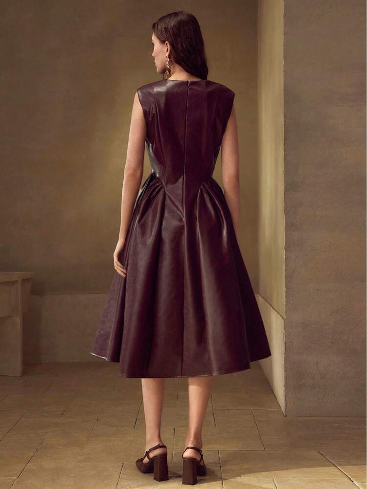 PU LEATHER NOTCH NECK FLARE HEM SLEEVELESS MIDI DRESS