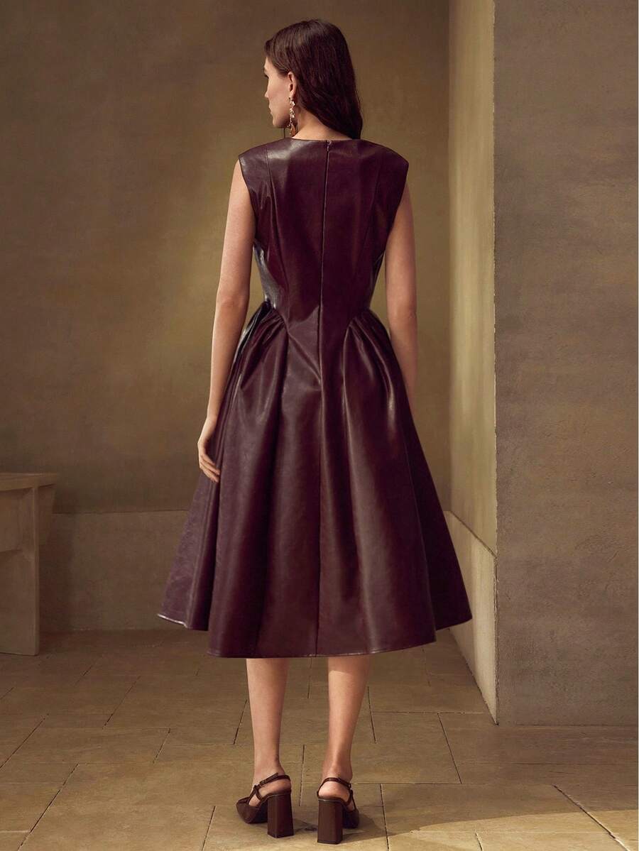 MOTF PREMIUM PU LEATHER NOTCH NECK FLARE HEM SLEEVELESS MIDI DRESS - Burgundy - View 2