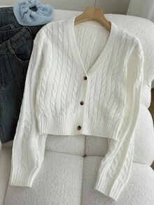 SHEIN 青少年女孩 V 领开衫基本款休闲常规长袖毛衣，适合秋冬季、返校季 - 米色 - 查看 7