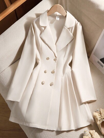 SHEIN Chaqueta ajustada con cuello en V, botones y dobladillo plisado, cómoda, elegante y versátil para niñas