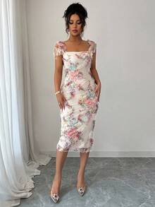 SHEIN PETITE Váy midi xếp nếp họa tiết hoa lưới lãng mạn thanh lịch Elenzga dành cho nữ, thích hợp cho đám cưới, tiệc tùng, hẹn hò, mua sắm và các dịp khác, mùa xuân/hè (Họa tiết ngẫu nhiên) - Màu be - Xem 6