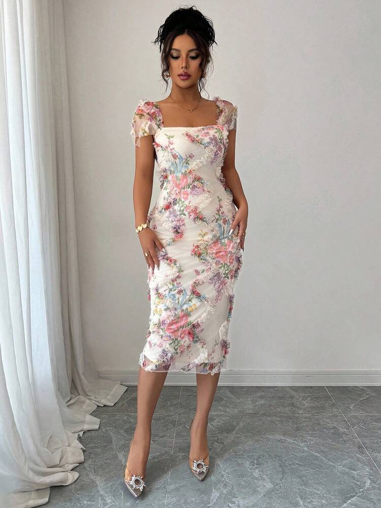 SHEIN PETITE Elenzga Women's Elegant Romantic Mesh Floral Print Ruffle Waist Midi Dress, Suitable For Wedding, Party, Date, Shopping And Other Occasions, Spring/Summer (Random Print) - Apricot - View 6