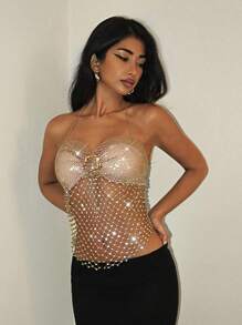 EgrlEra Women's Rhinestone Fishnet Sexy Top, Suitable For Night Out Parties And Carnivals - Gold - View 5