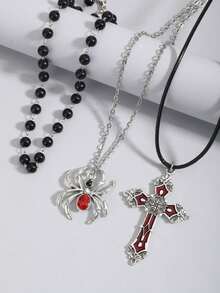 ROMWE 3pcs Gothic Style Rhinestone Spider, Faux Pearl, Red Cross Necklace Set - Red - View 2