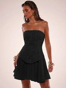 SHEIN BAE 女士花卉刺绣褶边时尚优雅露肩迷你连衣裙 - 黑色 - 查看 1