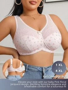 SHEIN 1pc Plus Size Women Lace Patchwork Comfortable Underwire Bra - Baby Pink - View 7