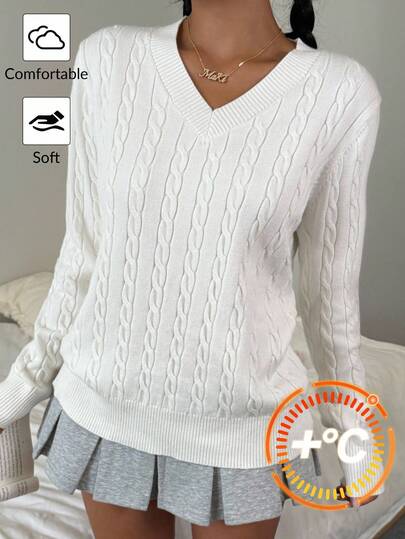 Teen Girls' Plain White V-Neck Loose Knit Sweater, Simple Minimalist, Versatile Pullover For School, Autumn/Winter White Cable Knit Sweater White V-Neck Sweater Cable Knit Sweater Textured Knit Sweater White Knit Sweater White Knit Top Women White Sweater Cable Knit V-Neck Teen Girls White Sweater Long Sleeve White Sweater Girls White Long Sleeve Top Fall