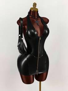 Amplova 深 V 领双向拉链修身迷你 PU 皮革连衣裙 - 黑色 - 查看 1