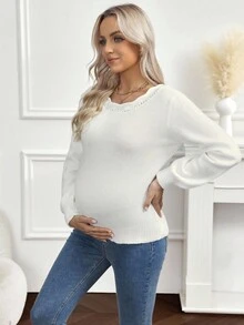 SHEIN Maternity Solid Color Hollow Back Design Crew Neck Loose Knit Sweater, Autumn - White - View 6