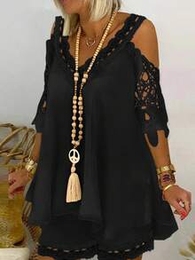 EMERY ROSE 2pcs Vacation Casual Solid Color Lace Patchwork Off-Shoulder Shirt & Shorts Set