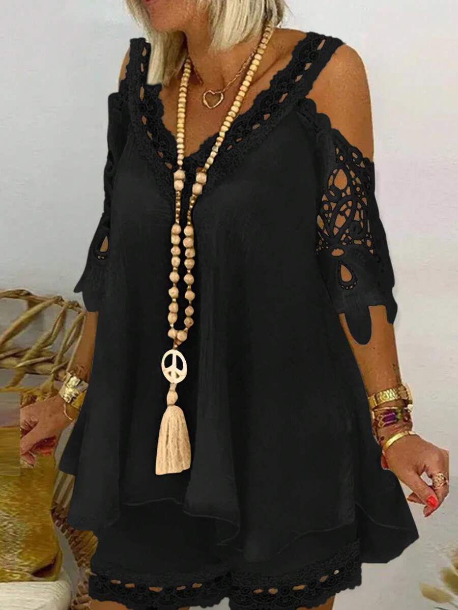 EMERY ROSE 2pcs Vacation Casual Solid Color Lace Patchwork Off-Shoulder Shirt & Shorts Set