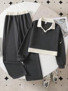 2件套青少年女孩休闲长袖上衣和宽松裤子套装 - 彩色 - 查看 6