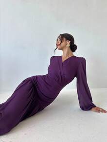 Firerie Vestido elegante de mujer con cuello en V, manga farol y fruncido en unicolor