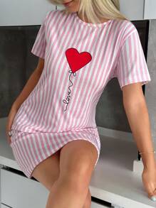 SHEIN Women Striped With Round Neck Heart Print Short Sleeved Pajama Night Dress Sleep Dress Nightdress Sleep Shirt Cute Nightgown Pajamas Dress