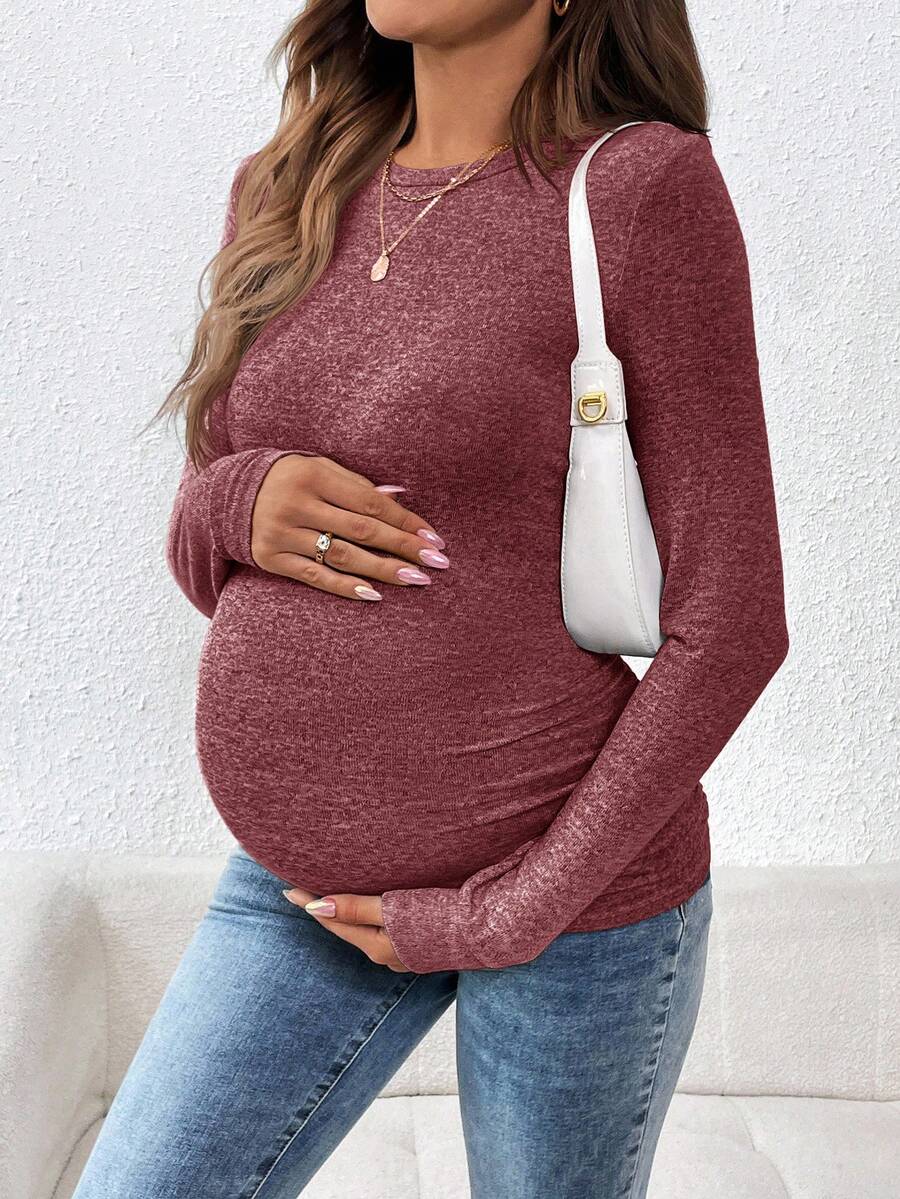 SHEIN 孕妇纯色圆领长袖修身休闲百搭T恤 - 紅色 - 查看 1