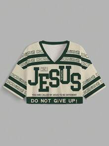 Slaydiva 2025summer Tops/Y2k Clothes/Streetwear/Back To School/Casual Tops Women/Jersey Shirt/V-Neck Loose Shirt/PrintedSleeve Mesh T-Shirt For Women/Graphic Tees/Jesus Printed/Going Out Tops Women Chic - Multicolor - View 2