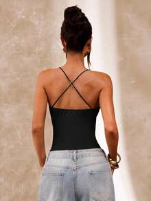 SHEIN BAE 棕色串珠细肩带女式紧身衣，夏季紧身性感复古吊带紧身衣，海滩度假吊带背心，串珠吊带背心 - 黑色 - 查看 2