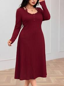 Feyla Plus Size Elegant Solid Color Lace Trim Dress - Burgundy - View 6