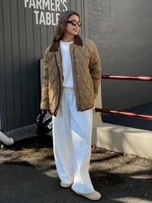 DAZY 女士宽松商务休闲通勤优雅简约纹理菱格纹棕色拼接时尚夹克，秋冬女装外套 - 卡其色 - 查看 3