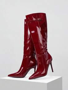 Mnmlis 优雅的酒红色漆皮高筒靴，配有金属扣带，细高跟鞋 - 酒紅色 - 查看 5
