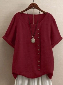 Linhara 大码女式夏季纯色圆领短袖纽扣设计休闲宽松衬衫 - 酒紅色 - 查看 1