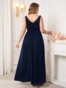 Reflora Váy Maxi thanh lịch cỡ lớn dành cho nữ, váy Maxi hai dây và xẻ cao, thích hợp cho đám cưới, tiệc khách, dịp trang trọng, đi chơi, tiệc ngày lễ - Màu xanh hải quân - Xem 2
