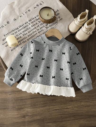 SHEIN Trendig tröja med broderad volang och prickig rosett för babyflicka