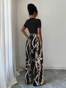 Elenzga 女士纯色圆领短袖上衣和链条印花休闲裤 2 件/套 - 彩色 - 查看 2