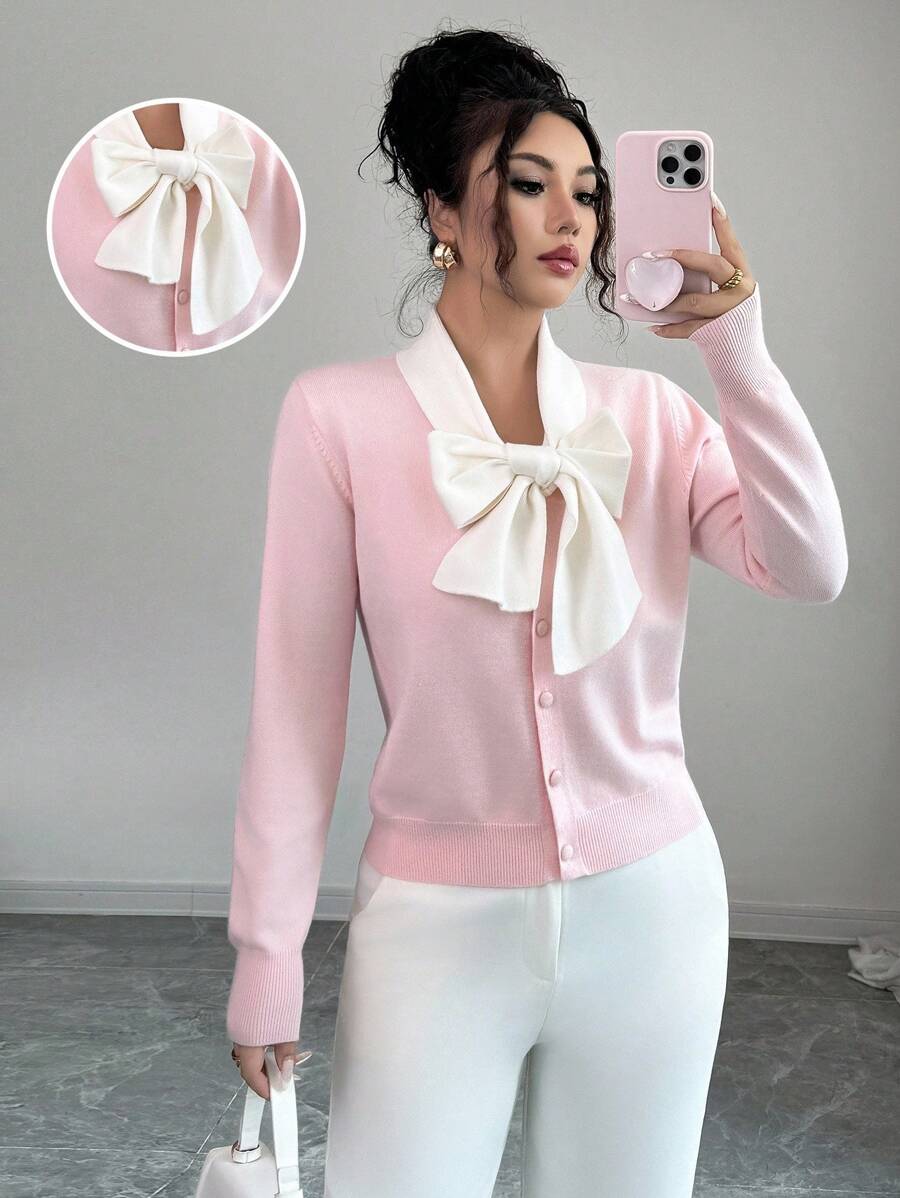 Elenzga Women's Contrast Collar Bowknot Front Cardigan Fall Winter Cloth For Women