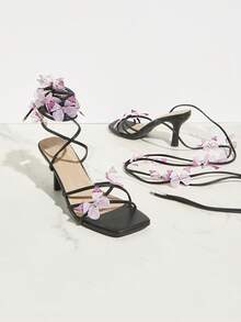 SHUZIA Black,Lace Up, Butterfly, Kitten Heels, Square Toe,Strappy - Red - View 6