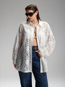 LYSMO Chaqueta ligera y transparente con encaje de contraste para mujer talla grande - Blanco - Ver 3