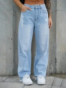 SAYEHFBABY 女式休闲做旧毛边洗水牛仔裤 - 淺色水洗藍 - 查看 5