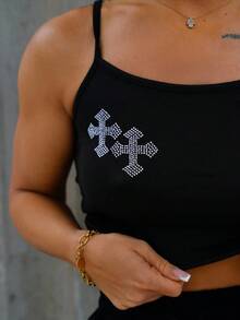 SAYEHFBABY Basic Knit Stretchy Cross & Rhinestone Decor Cami Top And Shorts Set For Women, School