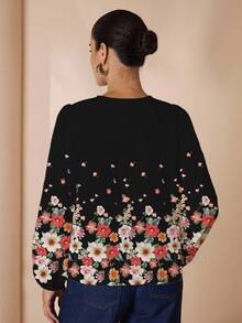 Glamance Shutterstock 黑色花卉休闲优雅精致简约女式长袖 V 领衬衫，适合日常、工作、郊游、办公室、复古旅行、教师节、秋冬 - 白色 - 查看 2