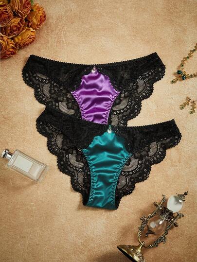 PinupPomp 2 sztuki damskich seksownych koronkowych majtek w stylu retro z łatkami