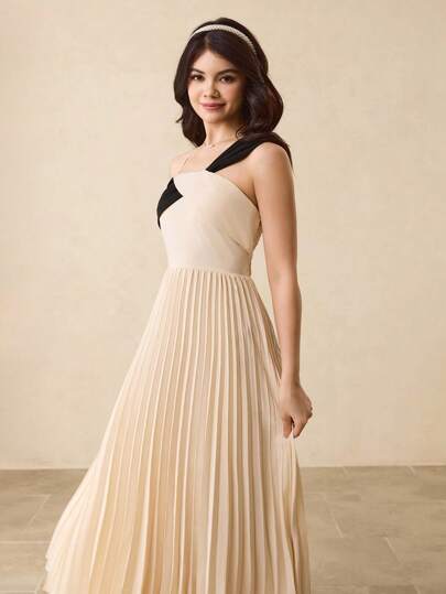 少女细肩带褶饰拼布后背褶皱腰修身优雅派对连衣裙，适合万圣节、圣诞节