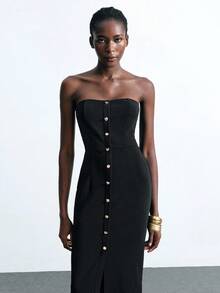 Maija 2025年优雅露肩金属装饰女式连衣裙，适合返校季 - 黑色 - 查看 4