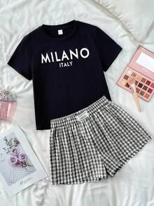 SHEIN Teen Girl Spring & Summer Street, Basic, Casual, Versatile, Solid White Letter Print Knit Crew Neck Loose Short Sleeve T-Shirt & Black Plaid Mini Skirt, Suitable For Various Sports Occasions, Back-To-School Outfit, Cute, Holiday Family Outdoor Spring Picnic Everyday Wear Adolescent Girl Clothes Set Italy Outfits Vacation T Shirt And Shorts Set Teen Girl Clothes Teen Girls Sets Short Sleeve Italian Vacation Clothes For Girls Short Sleeve Set Teen Girl Clothes Set - Black and White - View 6