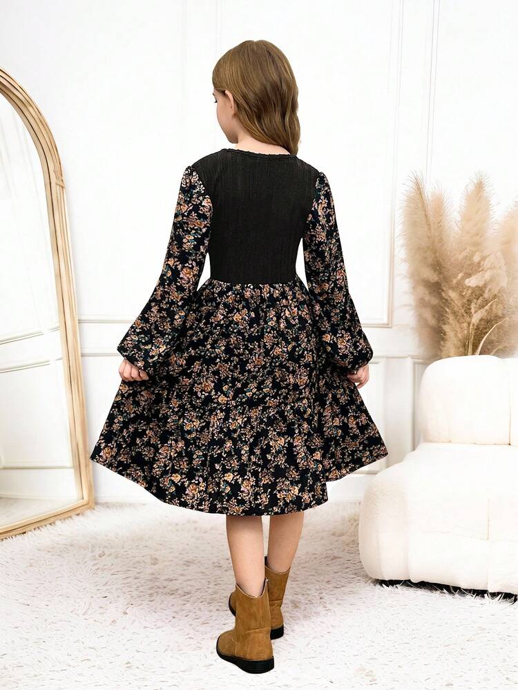 SHEIN Serisse Kids Tween Girl LUNE 花卉印花灯笼袖荷叶边下摆连衣裙，法式花卉，仙女裙，田园风 - 黑色 - 查看 9