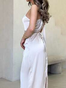 Jemour Elegantes & Sexy Französisches Satinband Schräger Schulter Ausschnitt 3D Blumen Taille Geraffter Volant Figurbetontes Bodycon Kleid - Aprikosenfarben - Übersicht 4