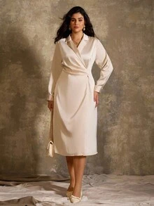 Roveilla Váy cổ bẻ thiết kế thường ngày cỡ lớn, Thu/Đông - Màu be - Xem 5