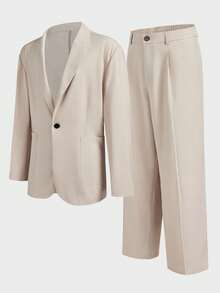 EASEVO Plus Size Men's Simple Business Commuter Single-Breasted Blazer And Suit Pants Set - Khaki - View 7