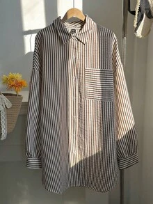 SHEIN CURVE+ Plus Size Women Striped Print Drop Shoulder Pocket Applique Shirt - Multicolor - View 3