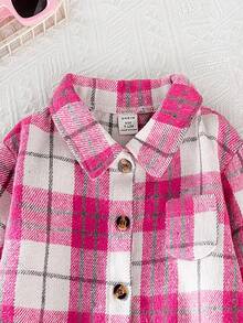 SHEIN Playful Pals Niña bebé en primavera y otoño, de moda, sencilla, retro y versátil, chaqueta de camisa de lana a cuadros rosa roja con solapa y botones, de uso diario, imprescindible en otoño e invierno - Rosa - Ver 5