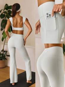 GLOWMODE 31英寸FeatherFit™罗纹无缝超高腰紧身裤，带侧袋，低冲击瑜伽普拉提工作室日常休闲装 - 淺灰色 - 查看 9