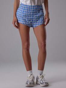 MUSERA Checkered Fitted Mini Shorts Summer Streetwear Y2k Cool Girl Beach Western City Muse Vacation Nashville - Blue - View 2
