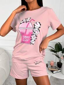 EURMUSE Cotton Cartoon & Slogan Graphic PJ Set - Coral Pink - View 5